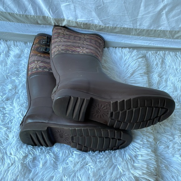 Ugg Sabene Tall Brown Fair Isle Rain Rubber Boots Size 7 - Picture 8 of 8